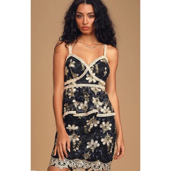 New Lulus XS Navy Blue Floral Embroidered Lace Trim Mini Dress Party - Picture 2 of 16